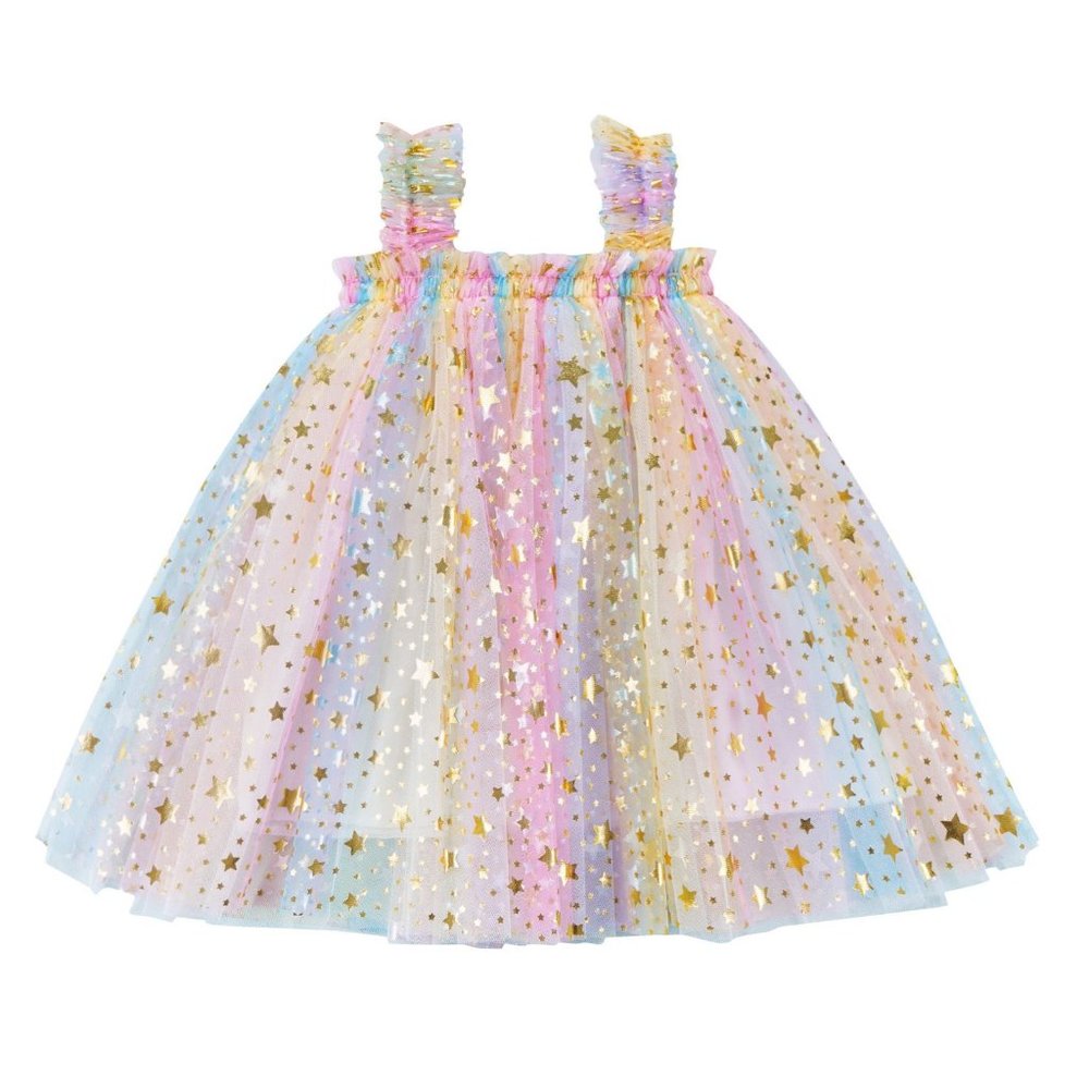 Rainbow Metallic Stars Mesh Tulle Tutu Toddler Girl Dress